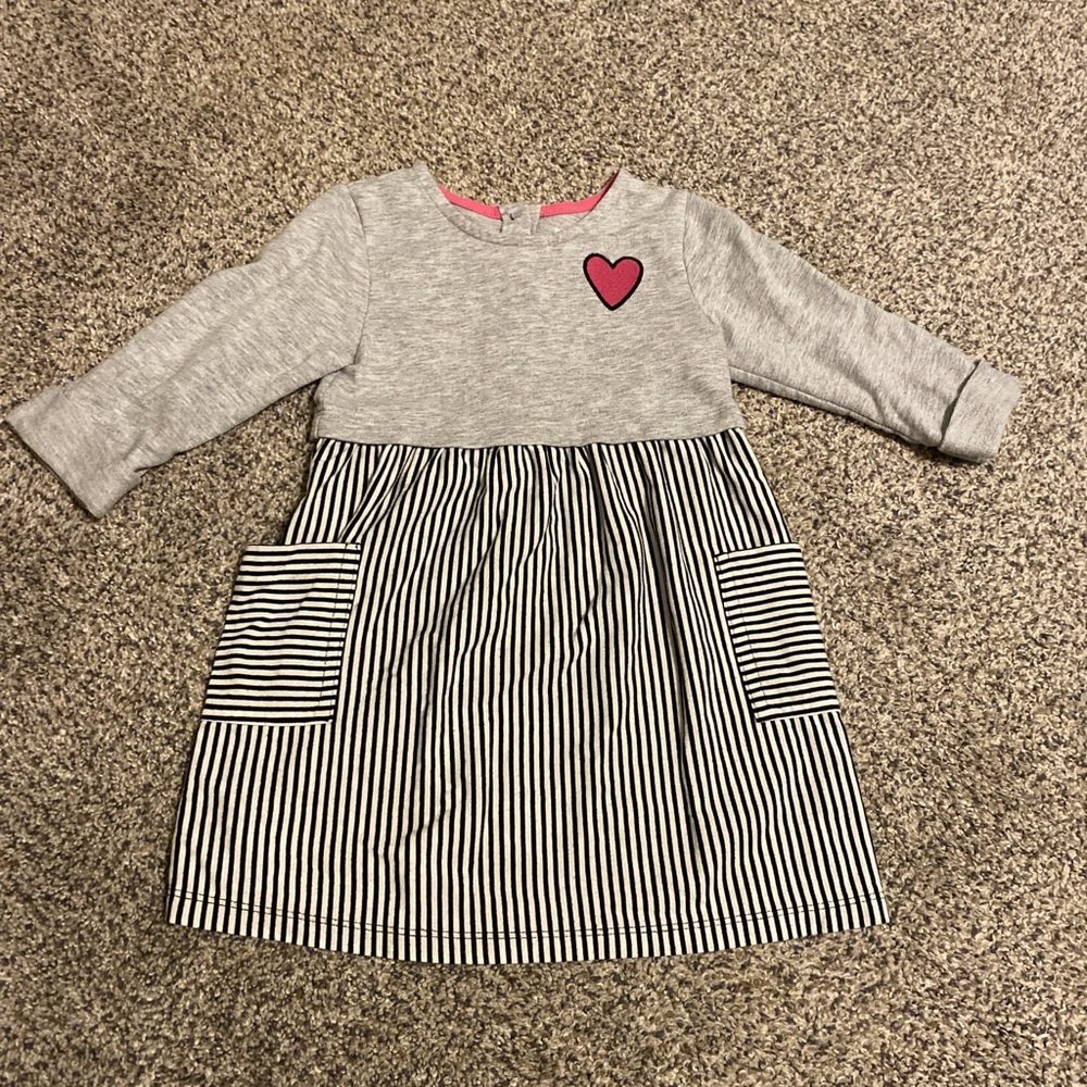 Healthtex Gray Dress with Pink Heart and Striped Skirt